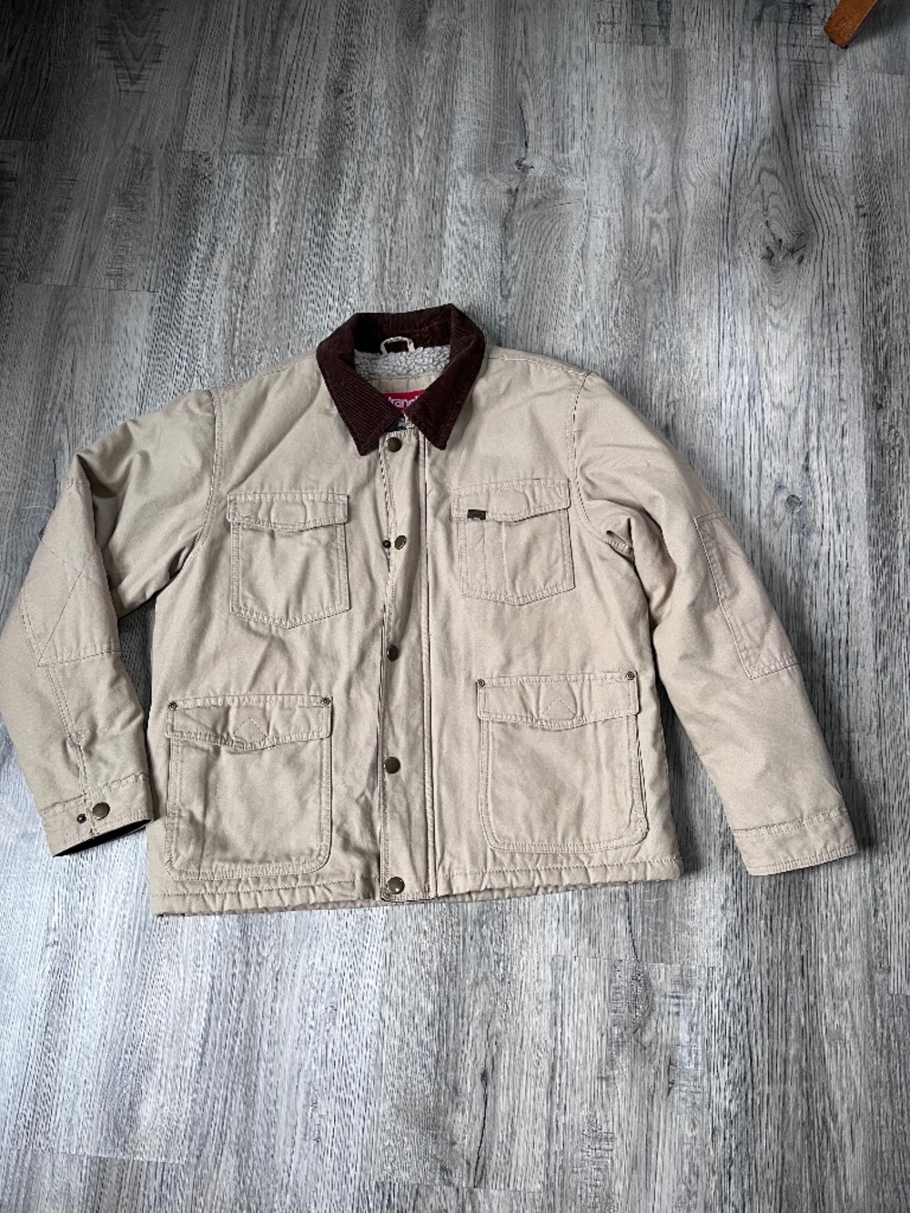 Wrangler Mens medium Sherpa Lined Chore Coat Khaki Canvas Barn Work Jacket